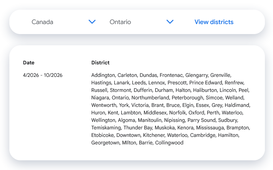 A list of various cities, regions, and municipalities in the province of Ontario that are being mapped by Google Streetview between April 2026 and October 2026