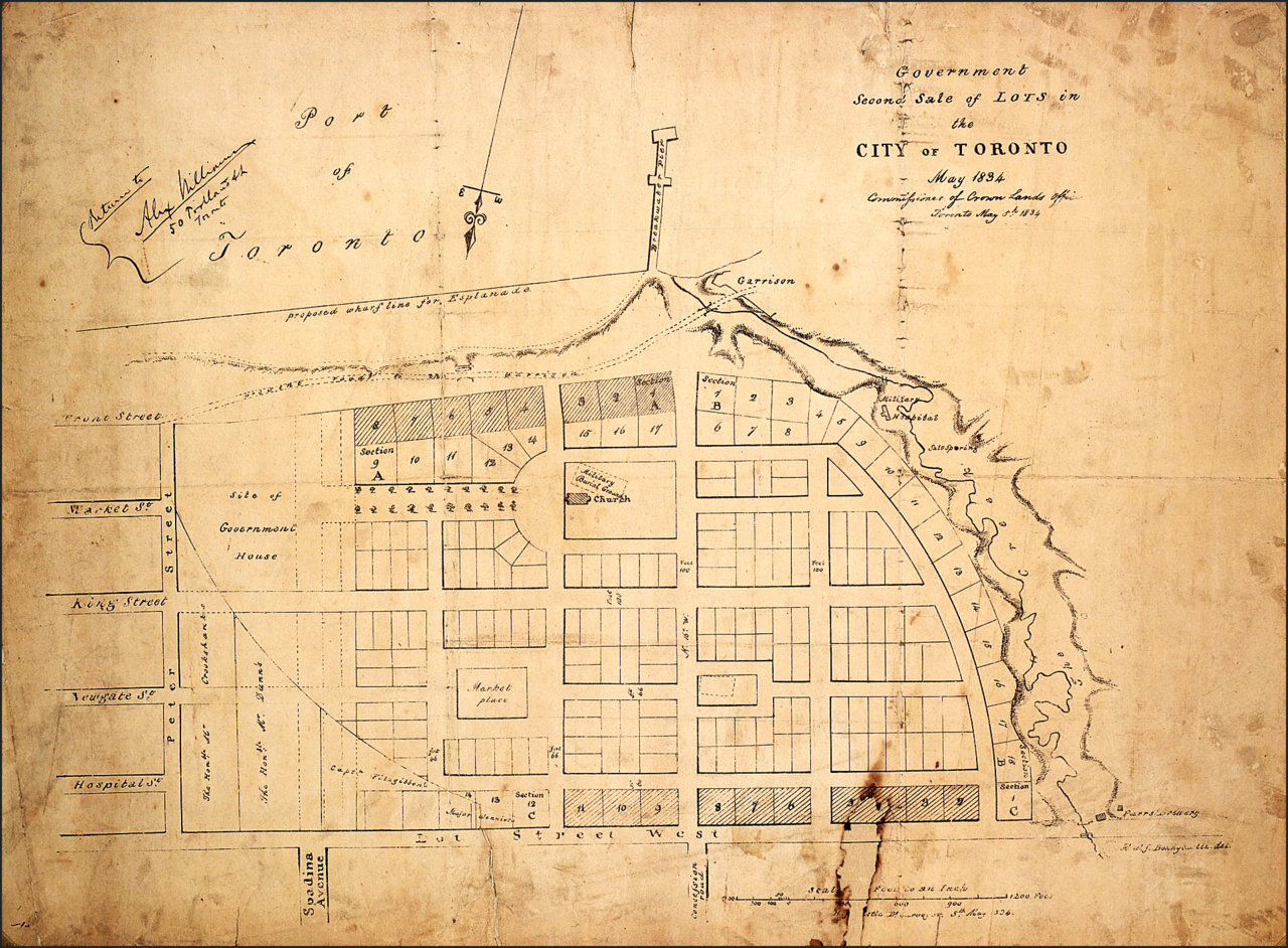 1834 map (1) of Toronto-area near present day Spadina (south at top of map)  TPL.jpg