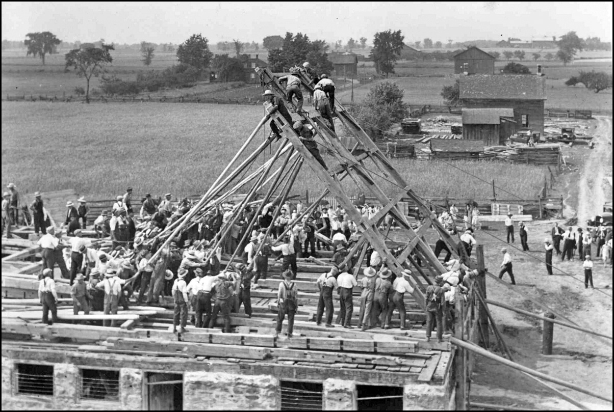 Barn raising on the Rutherford farm in 1929 at the intersection of Rutherford and Weston Rd.-V...jpg