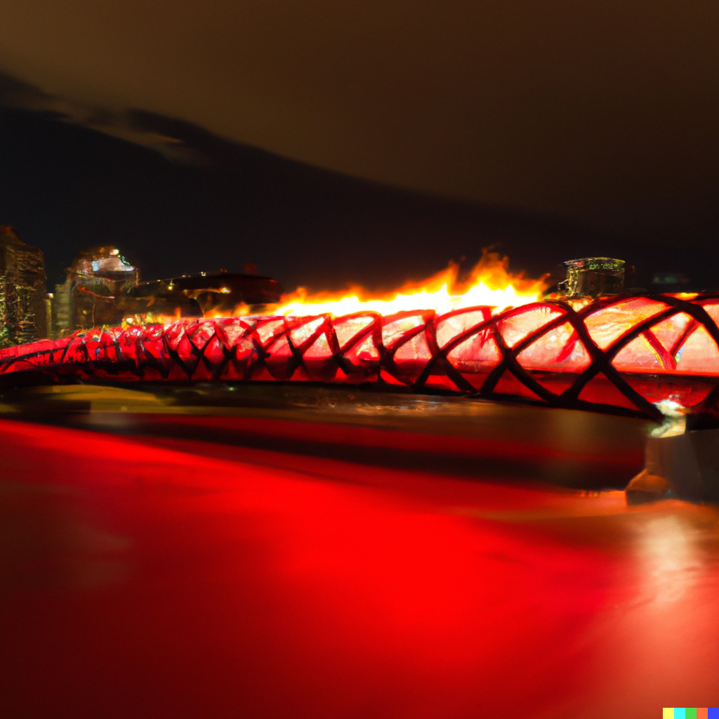DALL·E 2023-02-10 21.18.45 - The Calgary peace bridge on fire.png