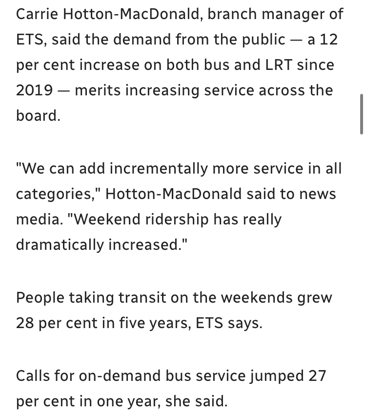 Carrie Hotton-MacDonald, branch manager of ETS, said the demand from the public — a 12 per cent increase on both bus and LRT since 2019 — merits increasing service across the board.   We can add incrementally more service in all categories, Hotton-MacDonald said to news media. Weekend ridership has really dramatically increased.    People taking transit on the weekends grew 28 per cent in five years, ETS says.   Calls for on-demand bus service jumped 27 per cent in one year, she said. 