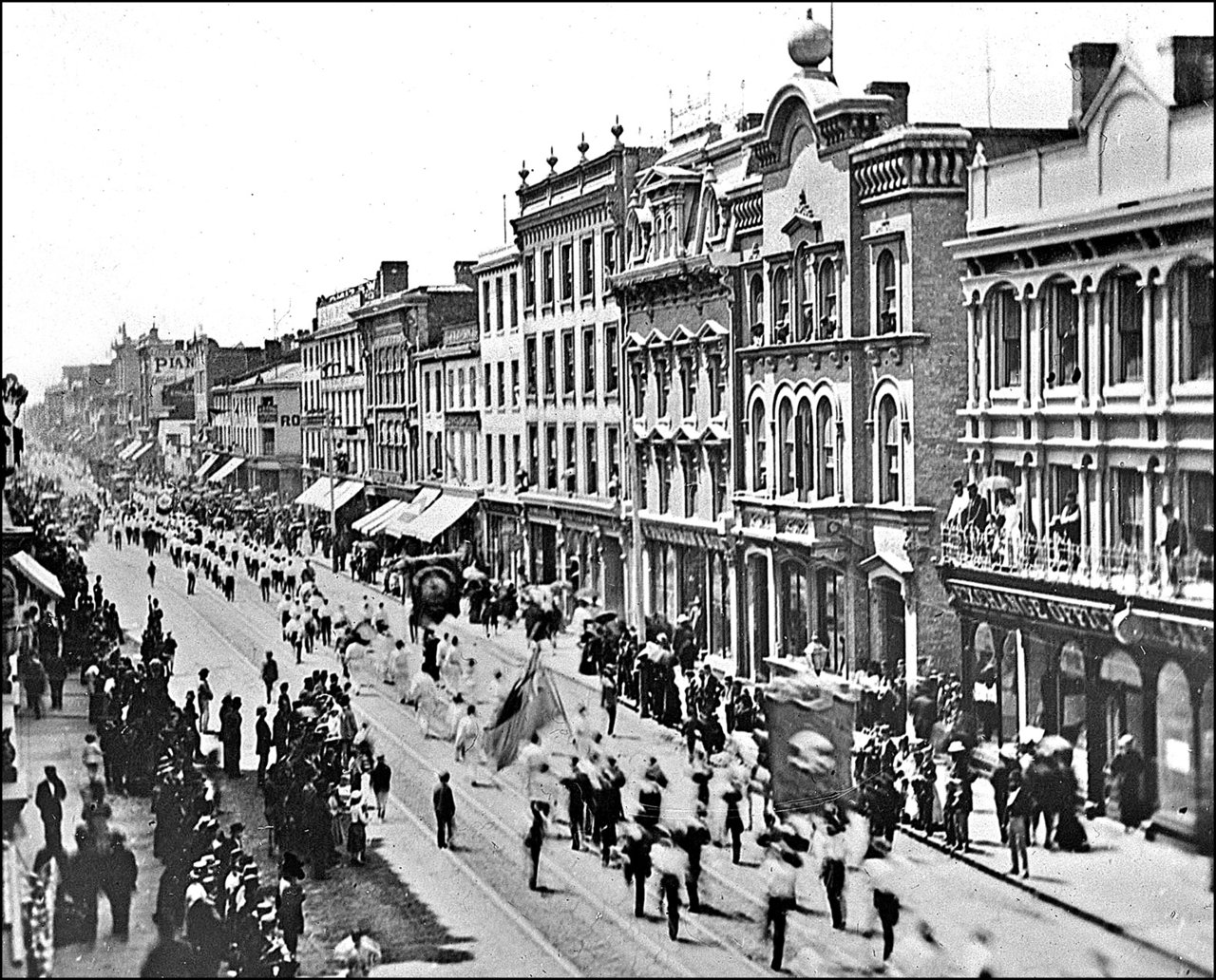 July 12-Orange Parade, King St. E. looking W. from E. of present Victoria St. c.187_?  TPL.jpg