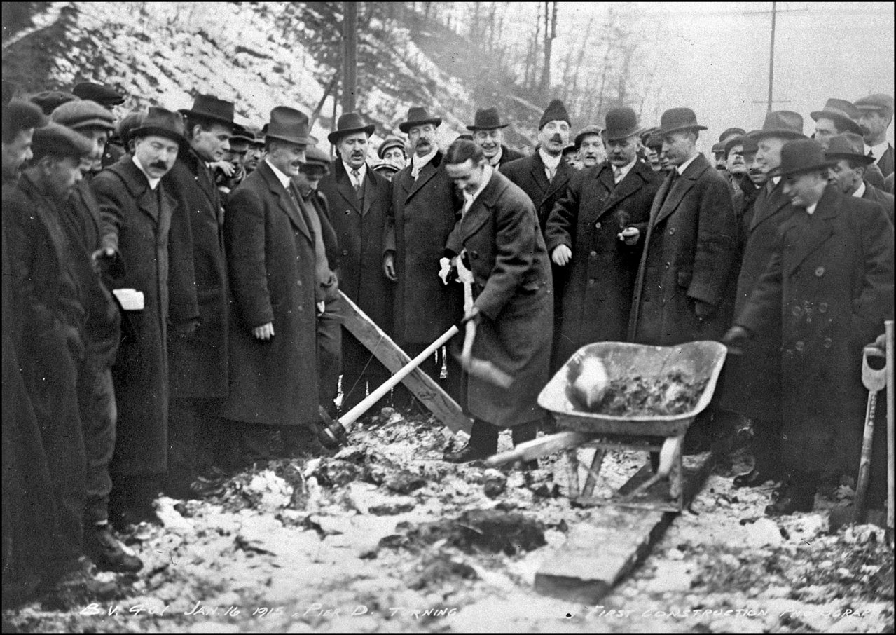 Mayor T.L. (Tommy) Church turning first sod for Bloor St. viaduct 1915 TPL.jpg