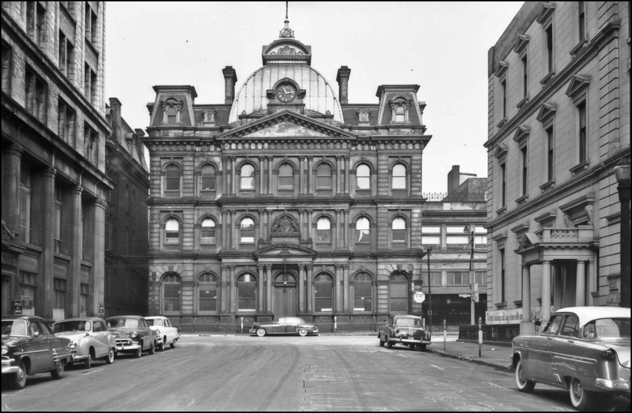 Post Office (1873-1960), Adelaide St. E., n. side, opp. head of Toronto St.  1955  TPL.jpg
