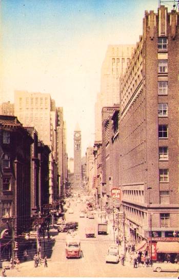 POSTCARD - TORONTO -  BAY STREET - LOOKING NORTH - AERIAL - RED ROCKET - NICE- 1950s.jpg