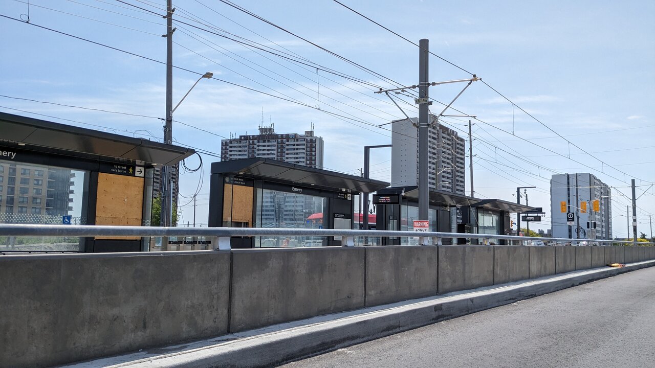 Emery Station (Weston Rd) - Only station with barriers across from platform (looking SW from Finch)