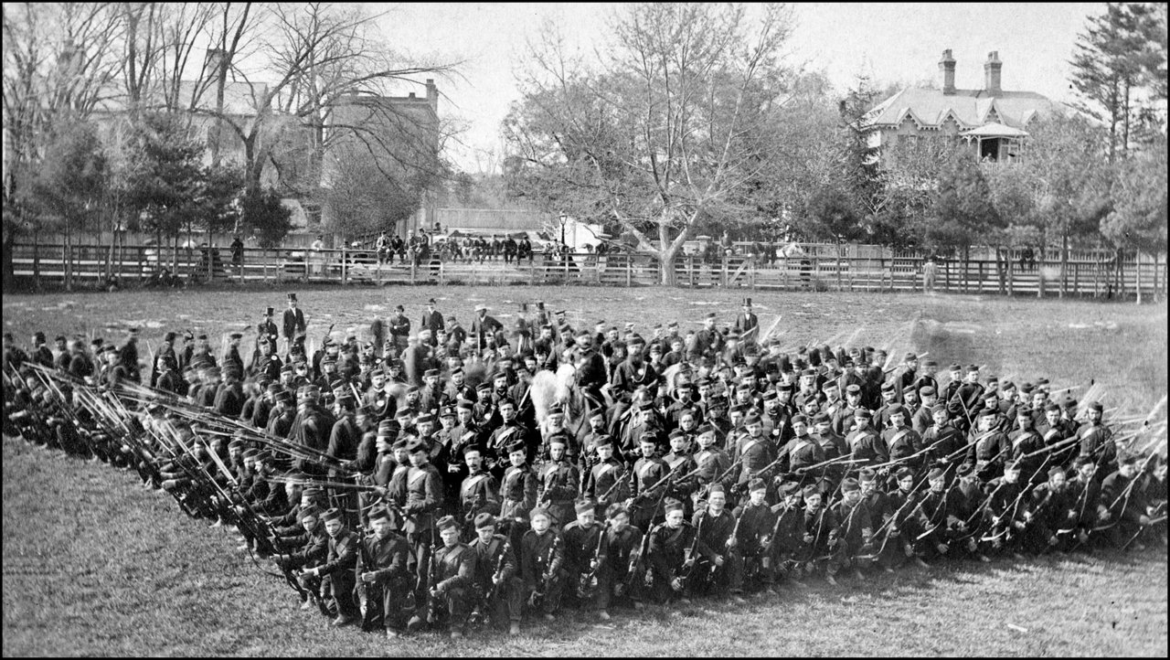 Queen's Own Rifles, in battle square formation, perhaps in grounds of Normal School [cannot be...jpg