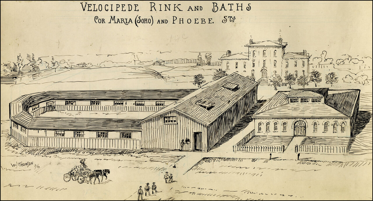 Velocipede Rink, 1860 (Pen & ink drawing by William J. Thomson, 1896) Phoebe St., west of head...jpg