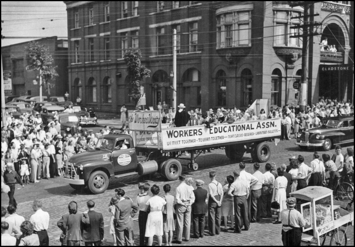Workers parade c.1945, Queen St. W. at Gladstone -Ont. Arch.jpg