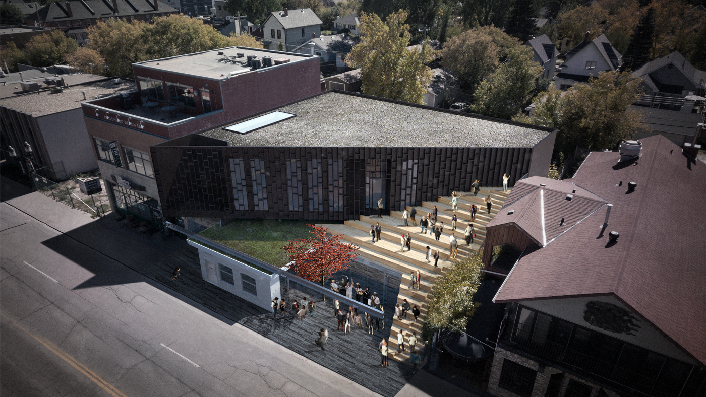 An aerial rendering portrays Hive's terraced public space, Calgary, Hive, MoDA