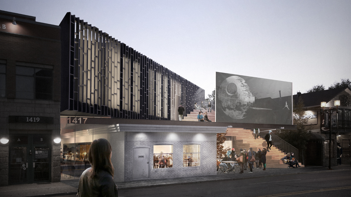 A projector screens movies for the neighbourhood, Calgary, Hive, MoDA