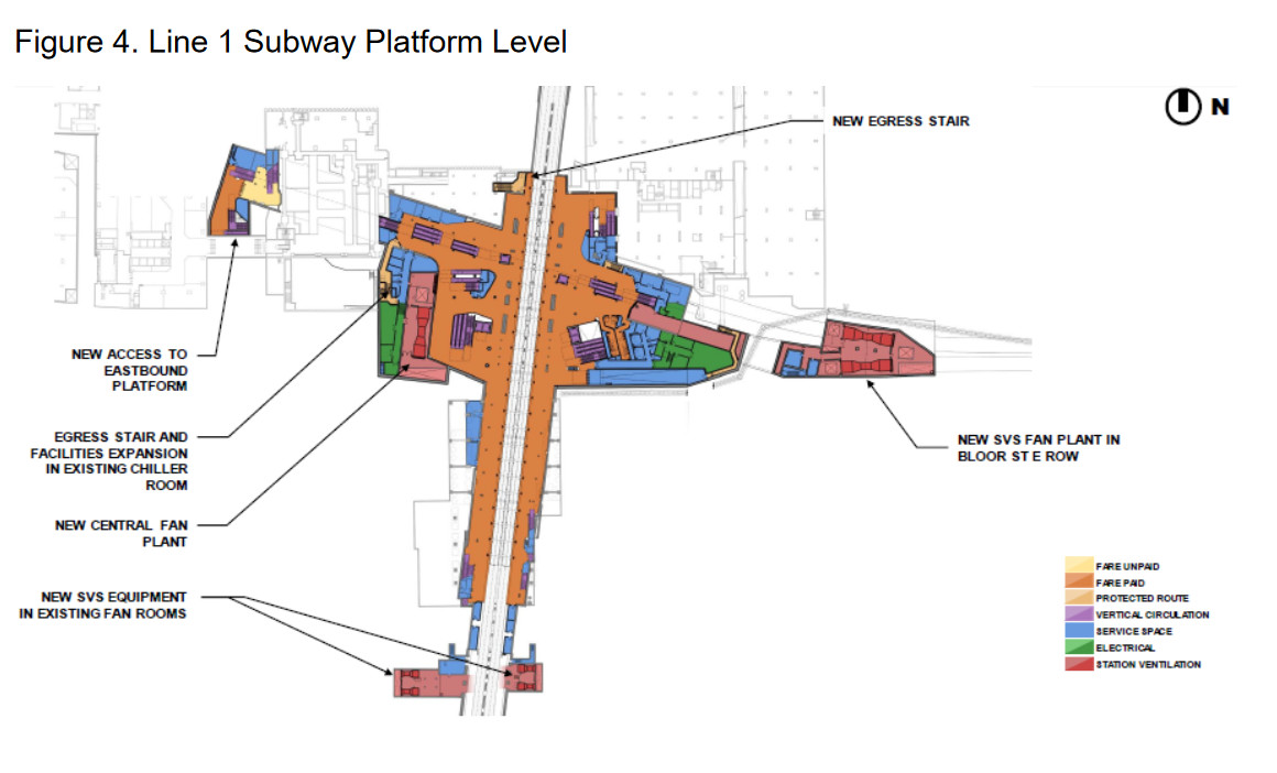 Map of plans to extend the Line 1 platform at Bloor Station