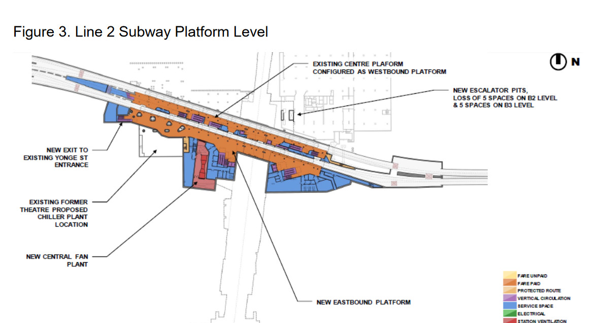 Map of plans for a second platform for the Line 2 Yonge Station