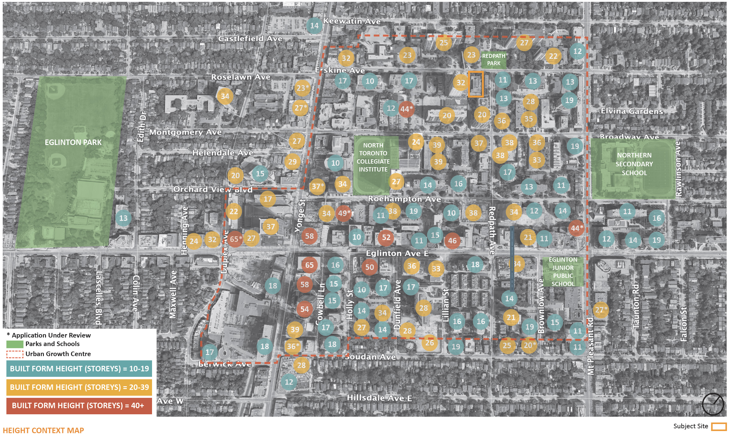 Active Midtown Toronto development applications marking number of storeys. Image by WND Associates.