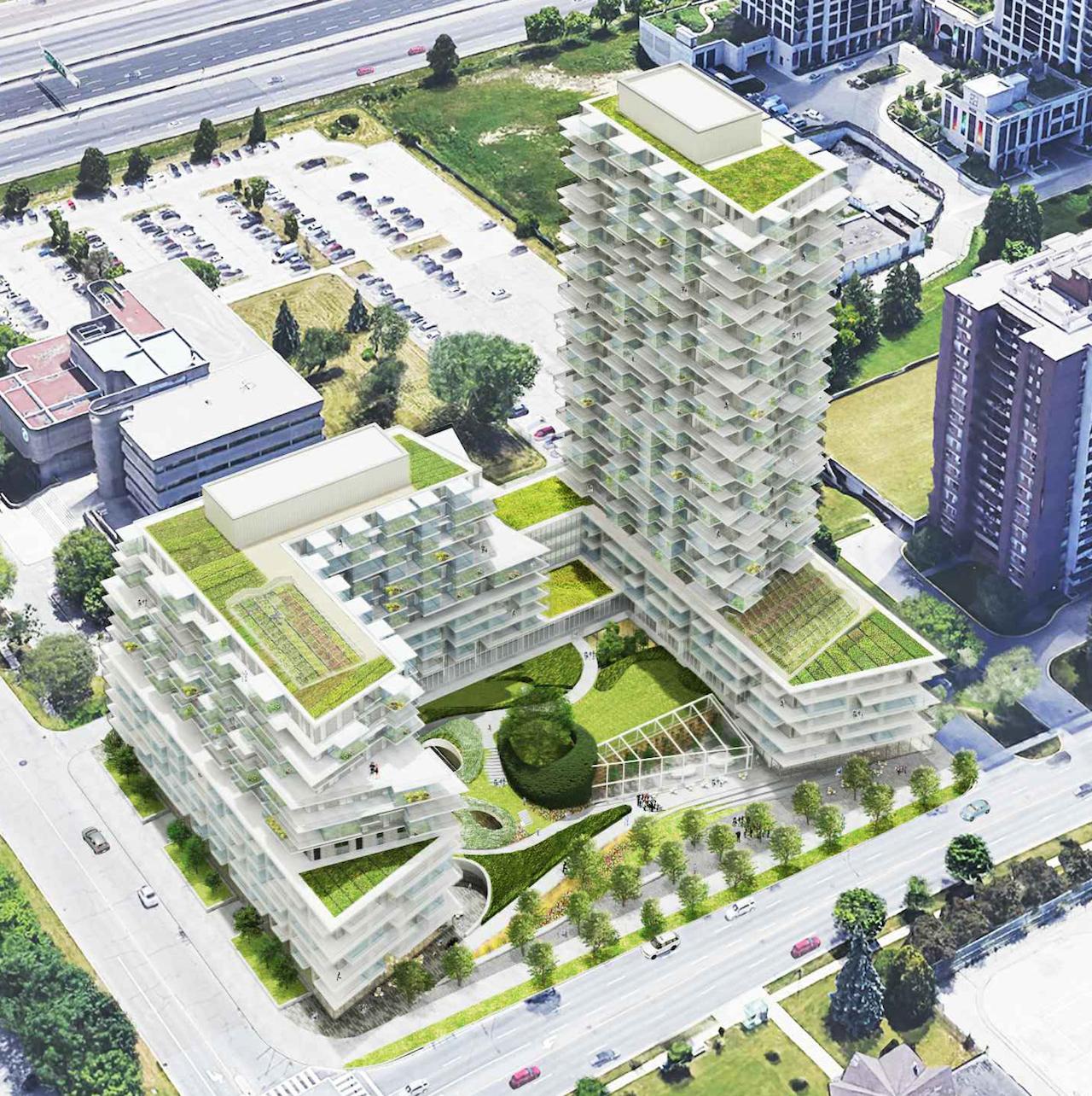 Looking southeast to 385 The West Mall, Toronto, 2019 version, designed by SvN for TAS