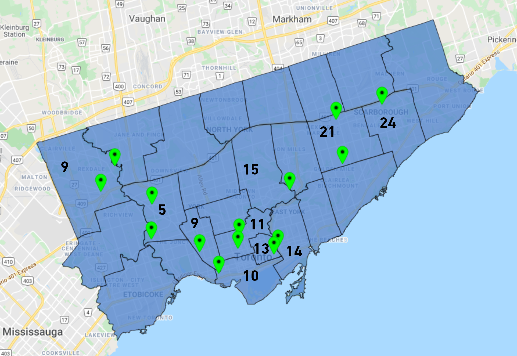 Map of May 2021 developments by Toronto Wards, based on data by UTPro. 