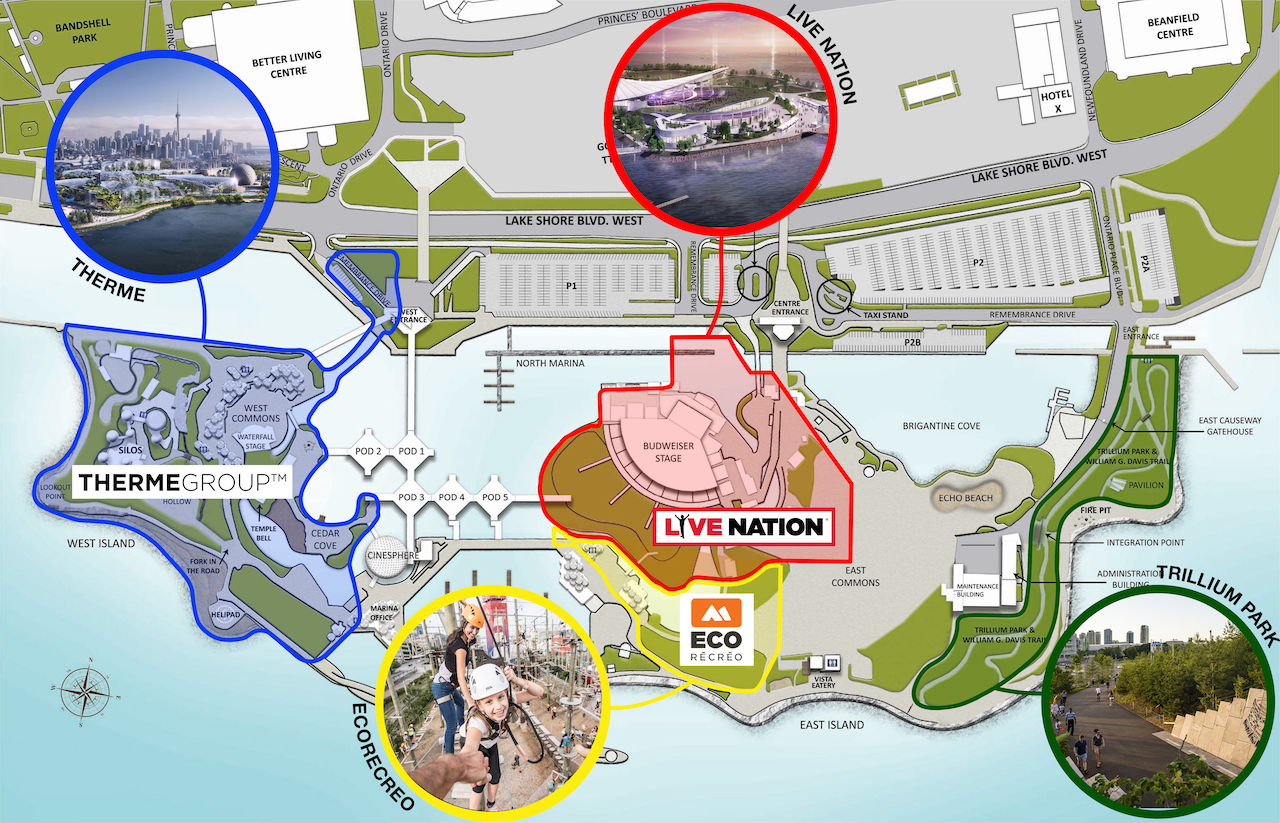 Where each of the new attractions will be built at Ontario Place