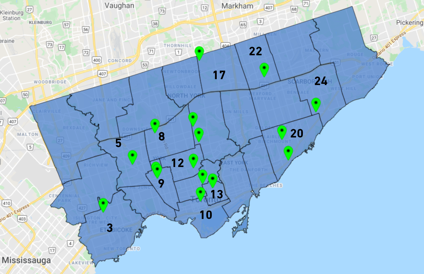 Map of June 2021 developments by Toronto Wards, based on data by UTPro. 