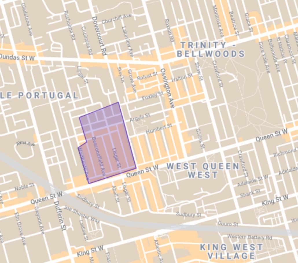 11.5 hectares (115,000 m²) near Trinity-Bellwoods Park. Image from Google Maps. 