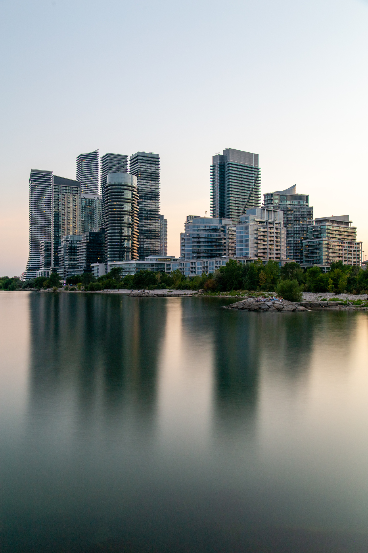 The towers of Humber Bay Shores reflected in the waters of Lake Ontario, Toronto