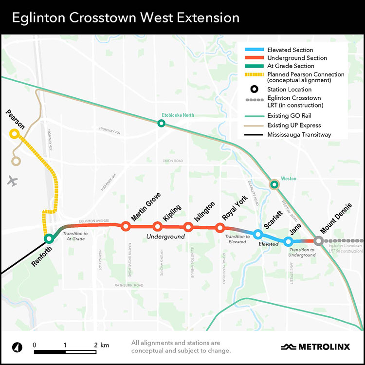 Map of Eglinton Crosstown West Extension, Toronto, by Metrolinx