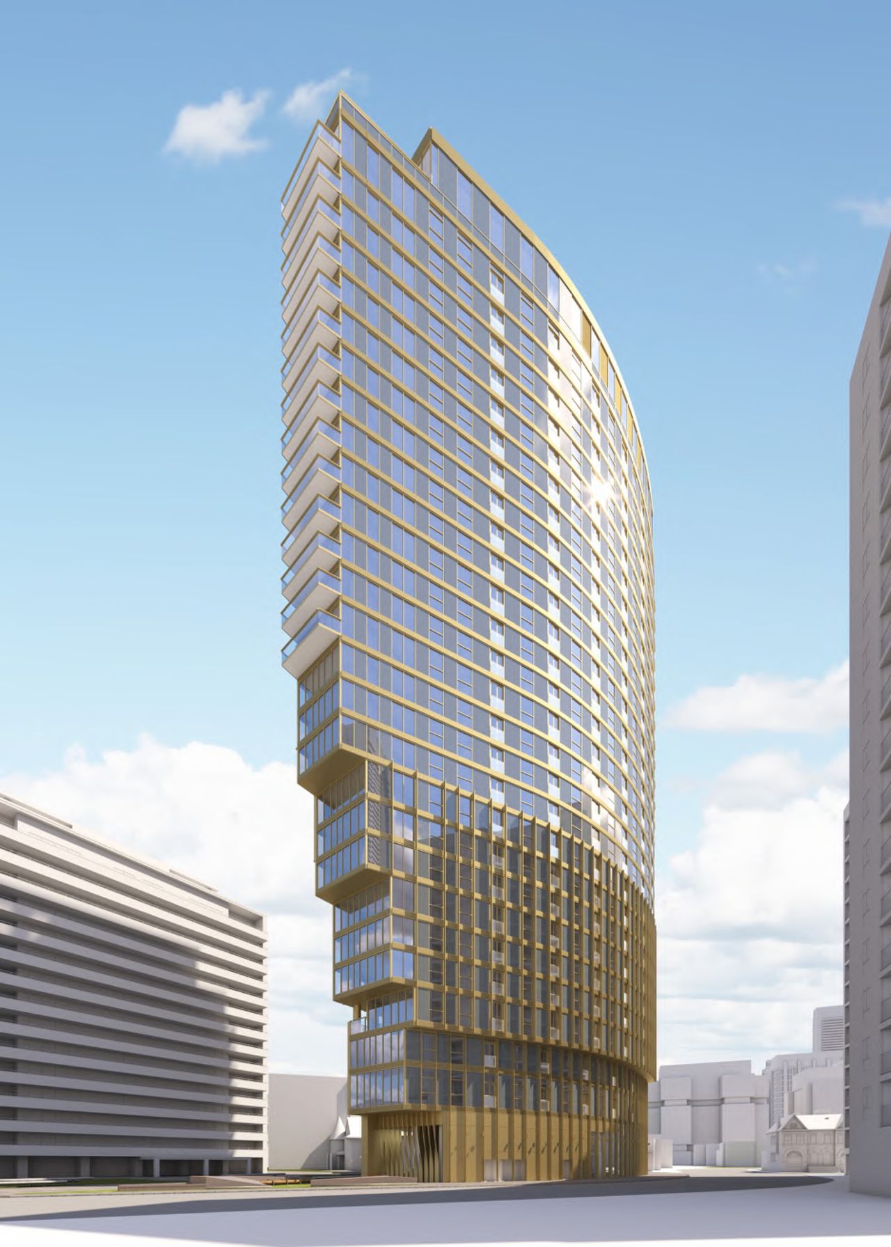 Golden Cladding Installation Marks Park Road 's Curving Form in Bloor-Yorkville