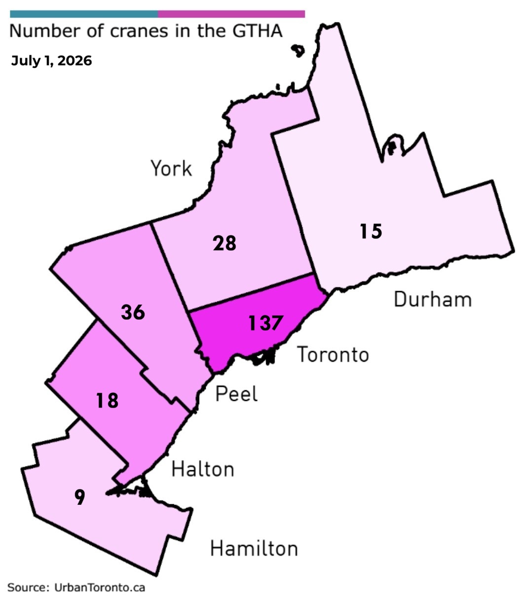 Map showing crane counts across the Greater Toronto and Hamilton Area as of July 2026