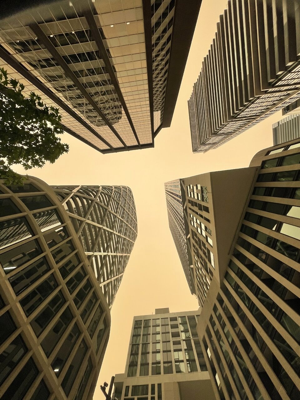 Looking up through Toronto towers toward a clear blue sky