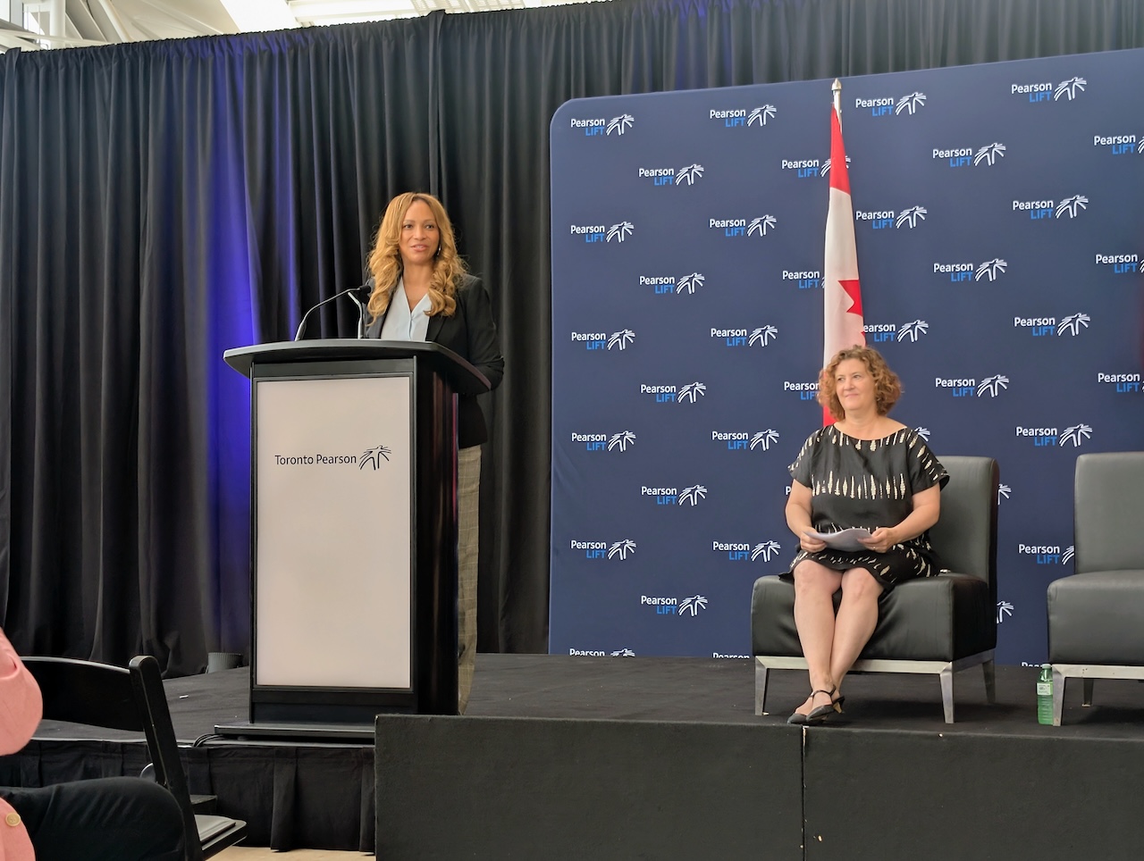 Deborah Flint, President and CEO of Toronto Pearson, speaking at the announcement
