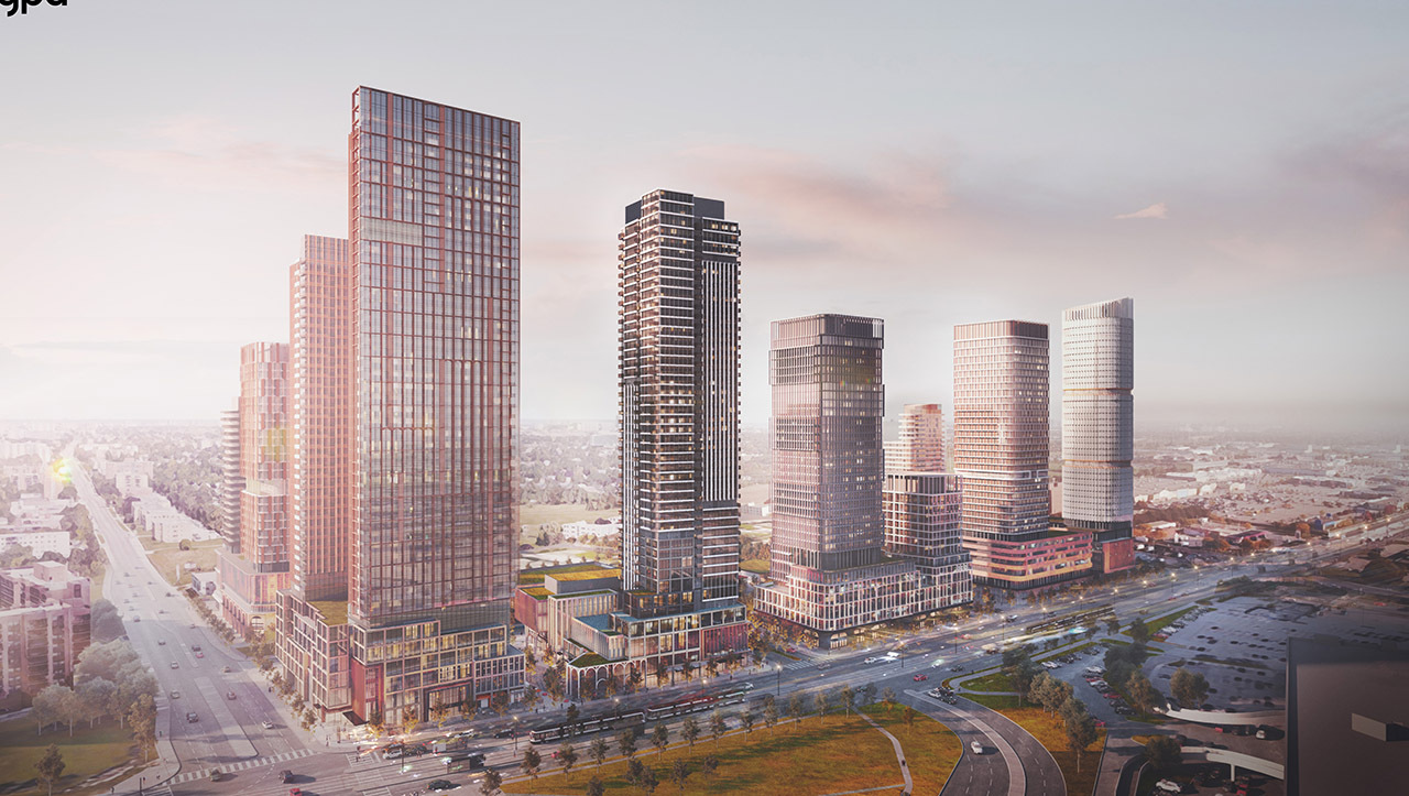 Aerial rendering of the Golden Mile Shopping Centre redevelopment in Toronto