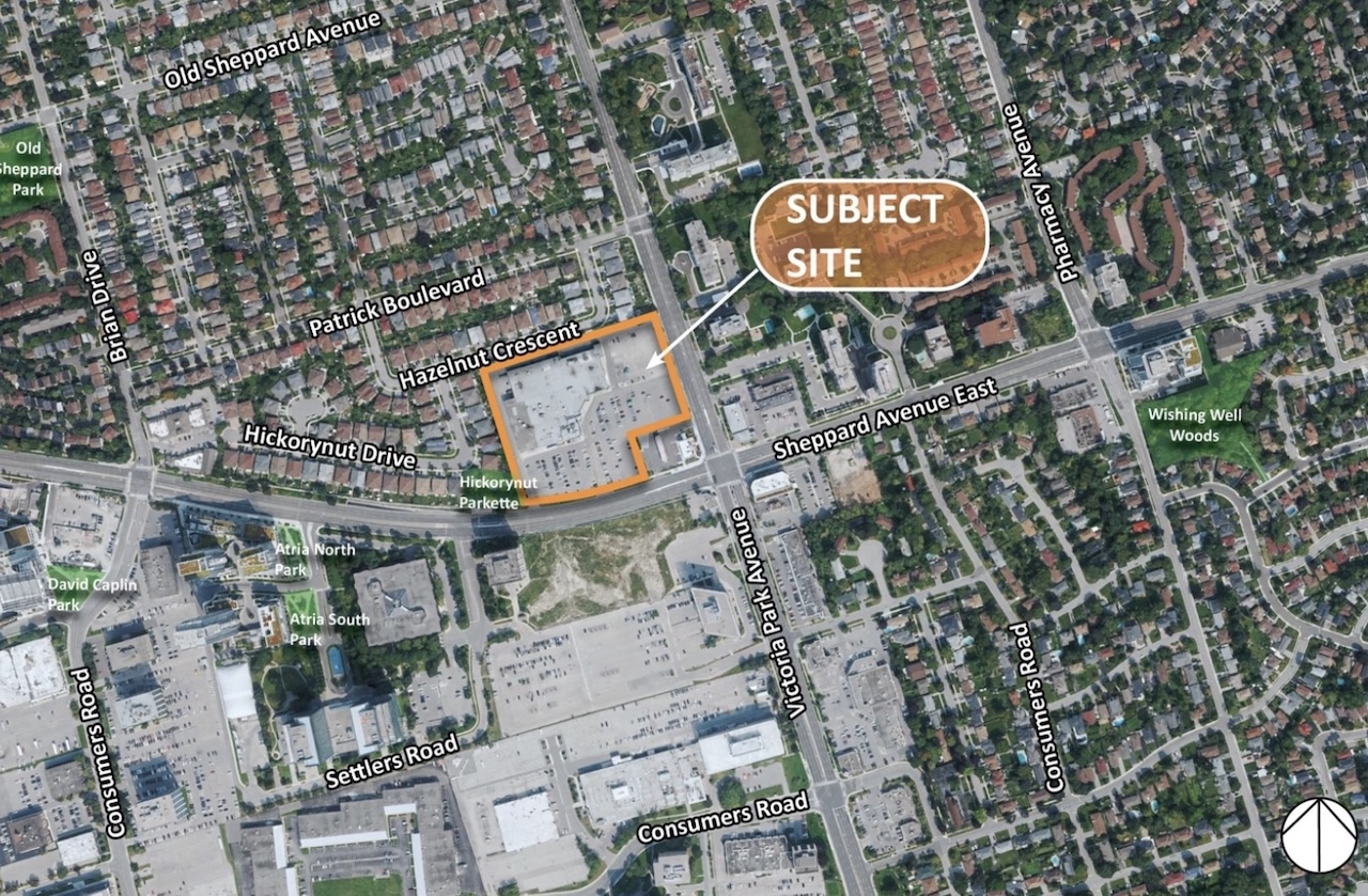 Aerial view of the Sheppard Avenue East and Victoria Park Avenue redevelopment area