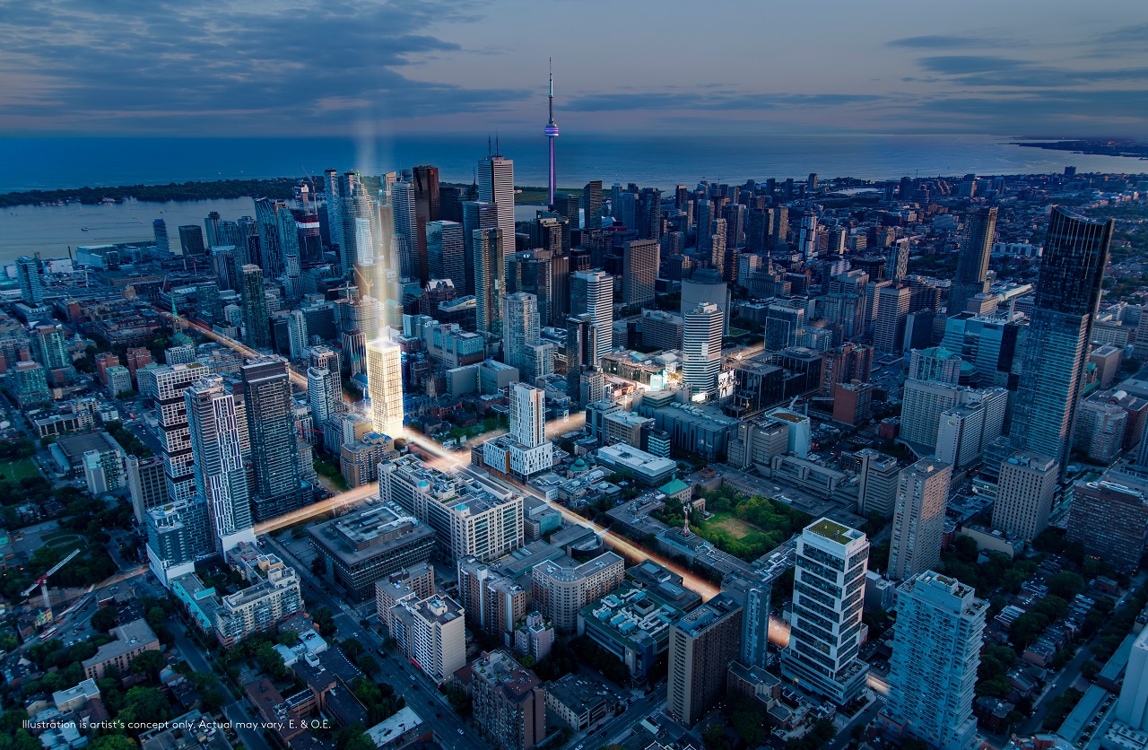 Aerial view, 199 Church, Toronto, designed by IBI Group for CentreCourt and Parallax
